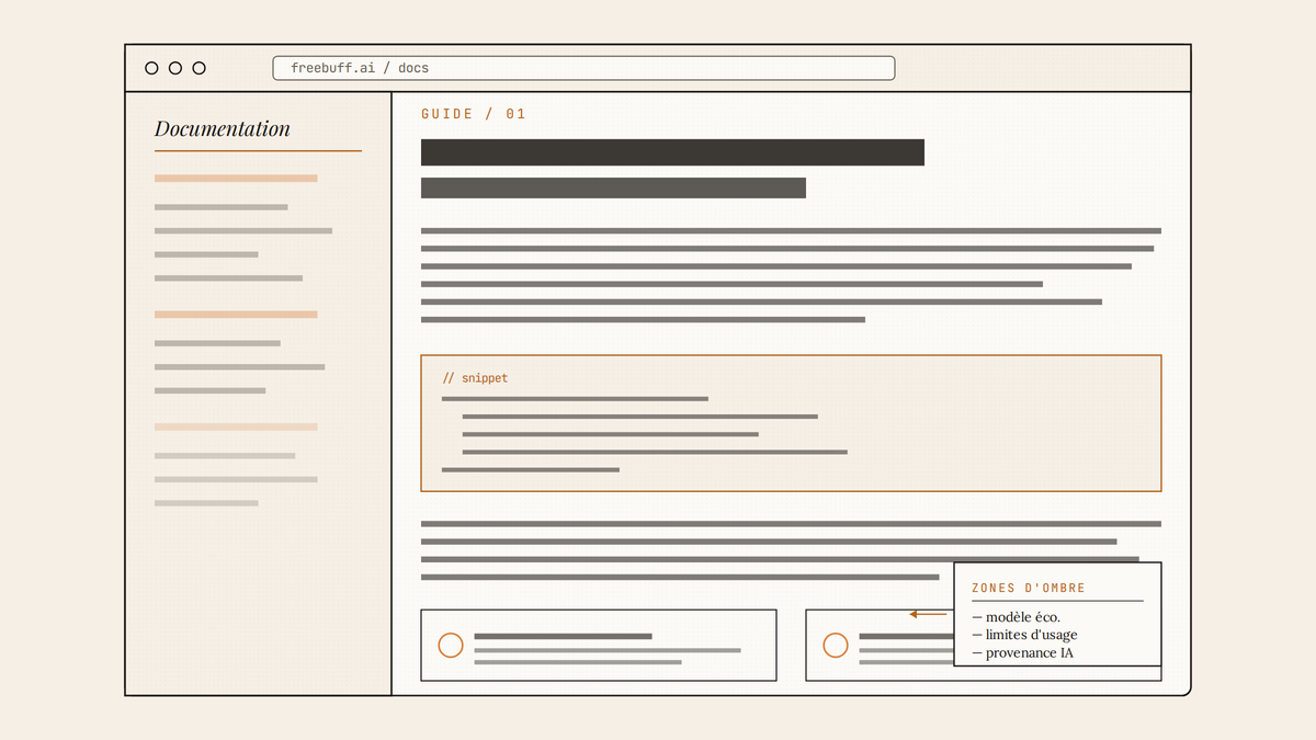 Maquette au trait d'une page de documentation Freebuff, avec sommaire latéral, blocs de texte en placeholder et encart annotant les zones d'ombre.