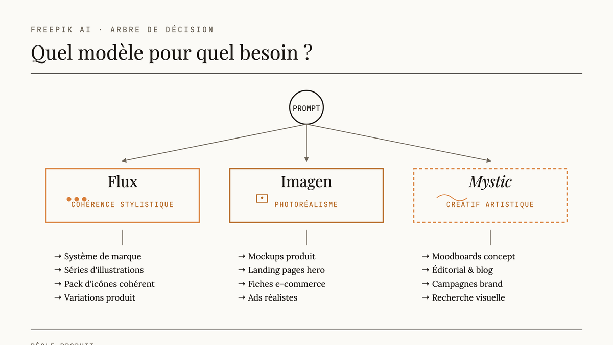 Diagramme de sélection des trois modèles Freepik AI — Flux, Imagen, Mystic — avec leurs cas d'usage produit annotés sous chaque branche.
