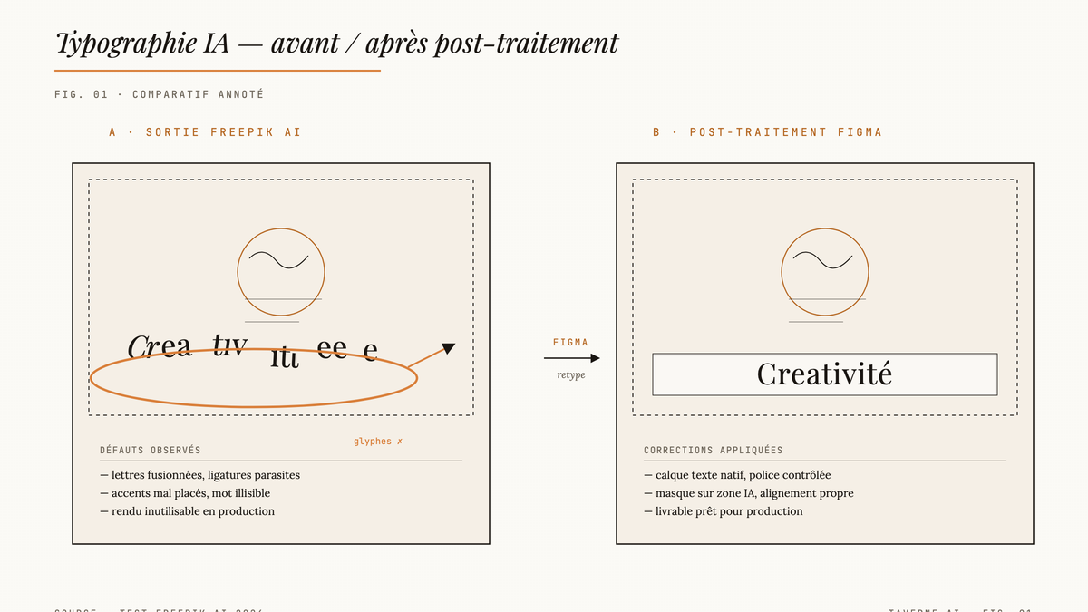 Comparatif annoté : à gauche une image générée par Freepik AI avec un mot au lettrage déformé cerclé en amber, à droite la même image dont le texte a été remplacé proprement dans Figma.