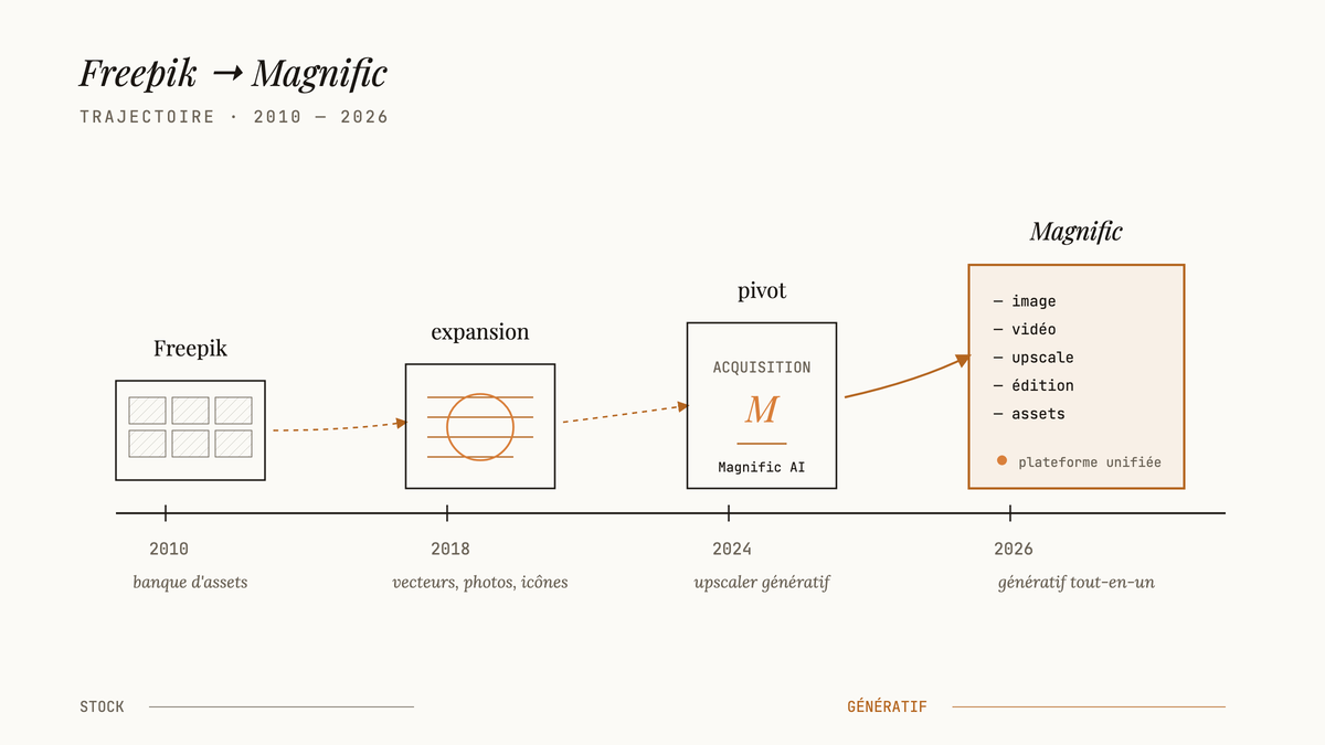 Frise chronologique retraçant l'évolution de Freepik depuis 2010, l'expansion en banque d'assets, l'acquisition de Magnific AI en 2024 et le rebranding complet en plateforme générative Magnific en 2026.