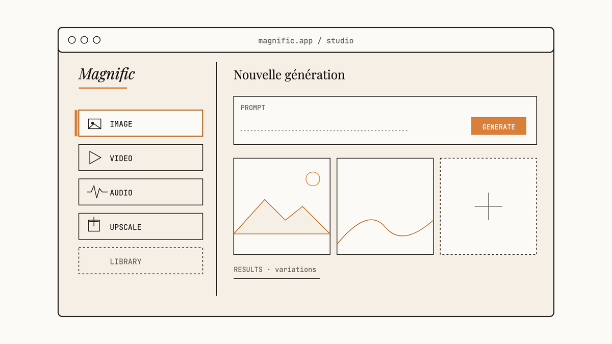 Maquette au trait de l'interface Magnific montrant une navigation latérale avec les onglets Image, Vidéo, Audio et Upscale, un champ de prompt et une grille de résultats.
