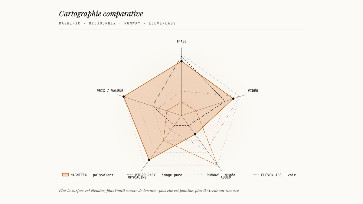 Diagramme en étoile à cinq axes (image, vidéo, audio, upscaling, prix/valeur) comparant les surfaces de couverture de Magnific, Midjourney, Runway et ElevenLabs.