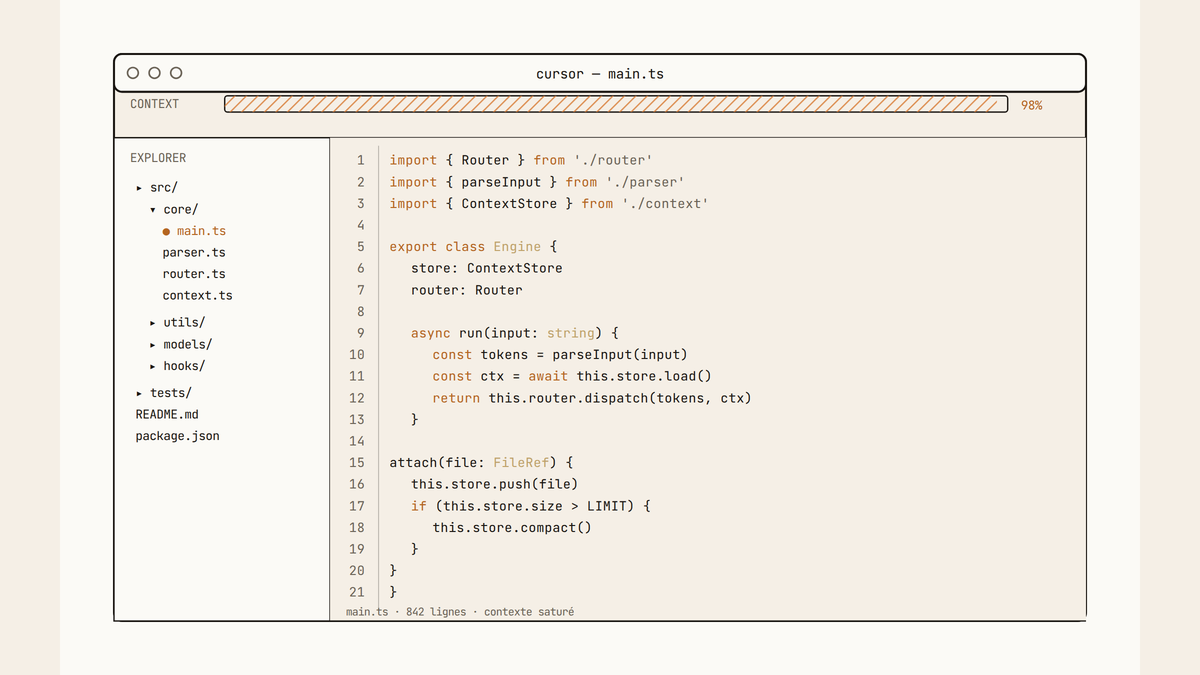Maquette au trait d'une fenêtre d'éditeur Cursor : arborescence de projet à gauche, fichier de code TypeScript ouvert au centre, et barre de contexte presque saturée en haut de l'interface.
