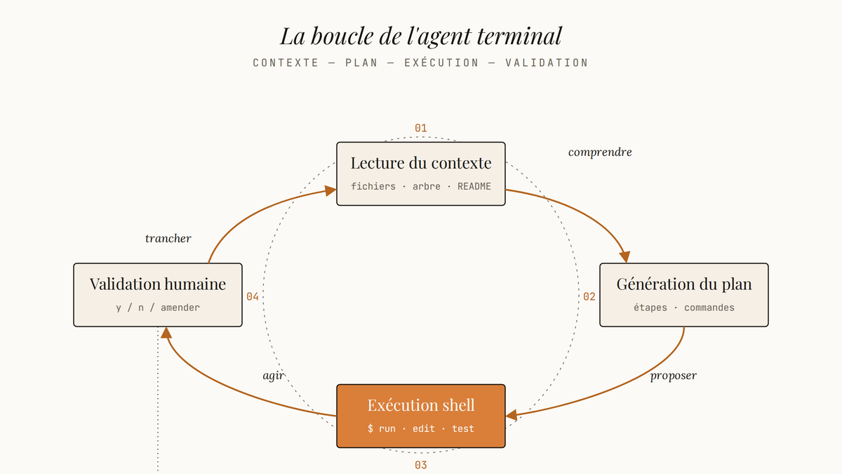 Diagramme circulaire en quatre étapes montrant la boucle d'un agent terminal IA : lecture du contexte de projet, génération du plan, exécution shell, validation humaine, reliée par des flèches ambrées.