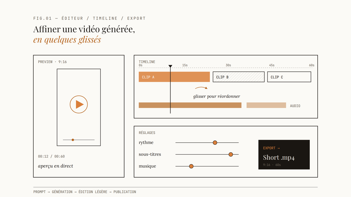Schéma annoté d'une interface d'édition de YouTube Short générée par IA : aperçu vertical à gauche, timeline multipiste avec clips déplaçables au centre, panneau de réglages et bouton d'export à droite.