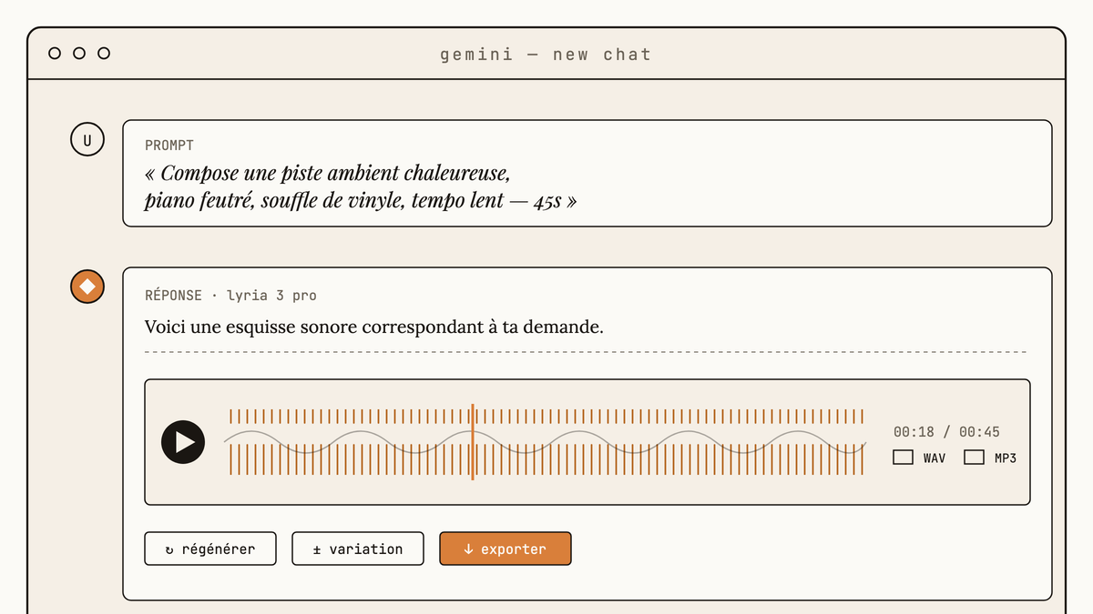 Maquette au trait d'une conversation Gemini : prompt musical descriptif suivi d'une piste audio générée avec lecteur, forme d'onde et contrôles d'export.