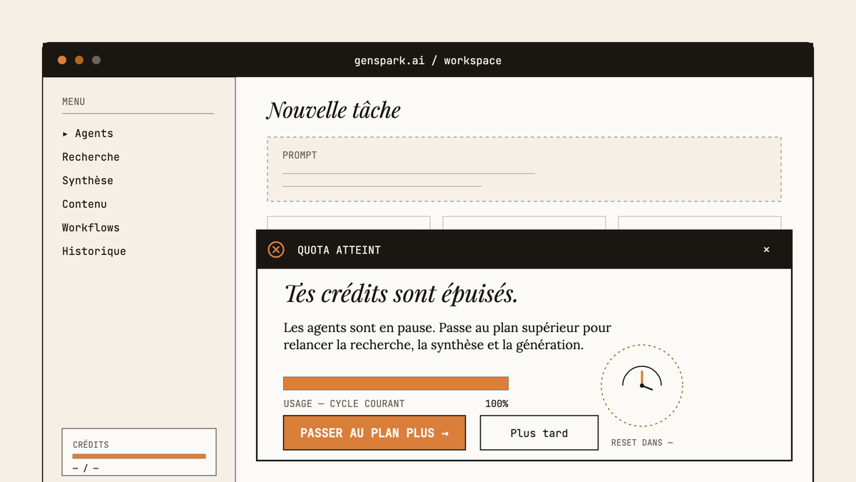 Maquette d'interface Genspark AI affichant un message de quota de crédits atteint avec un bouton de passage au plan Plus.