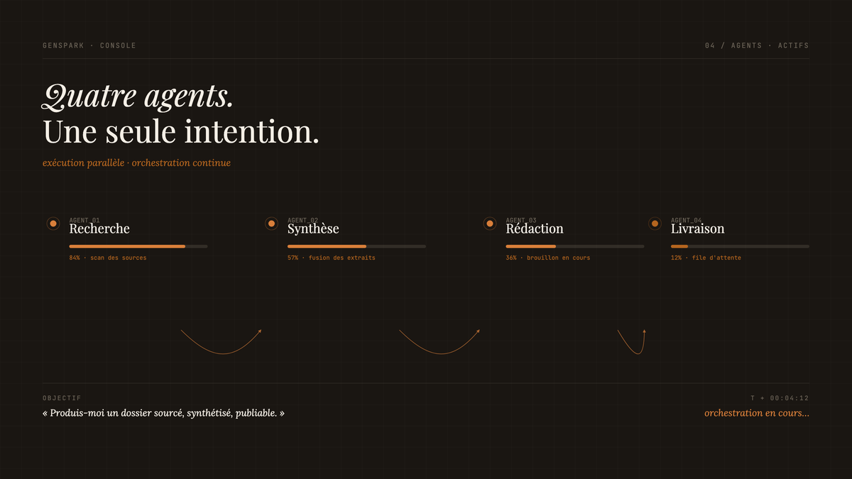 Console sombre affichant quatre agents IA — Recherche, Synthèse, Rédaction, Livraison — travaillant en parallèle avec barres de progression ambre.