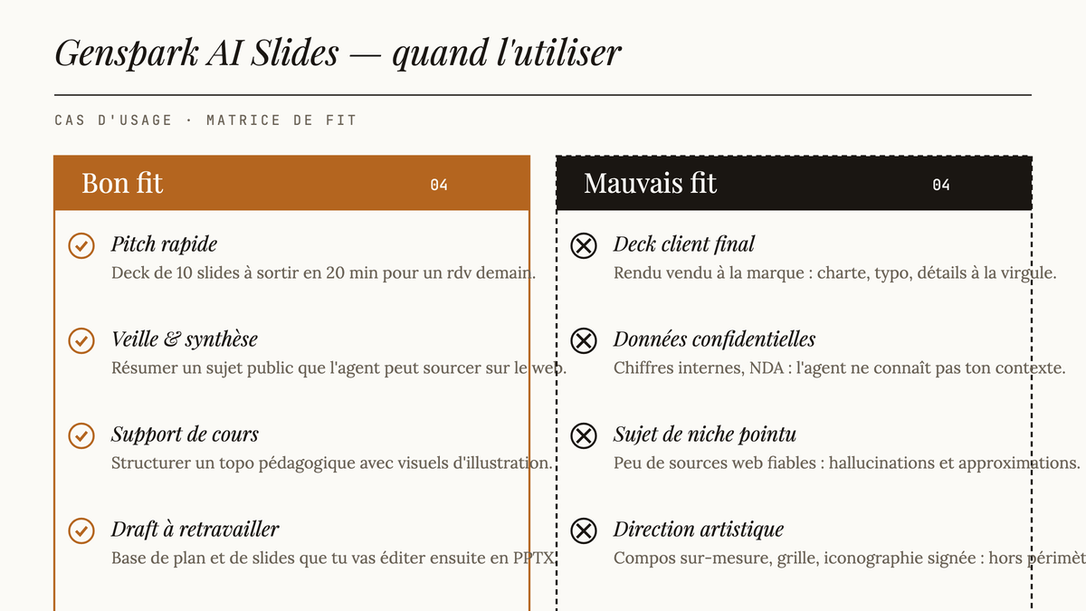 Matrice éditoriale à deux colonnes : quatre bons cas d'usage de Genspark AI Slides à gauche, quatre mauvais cas à droite.