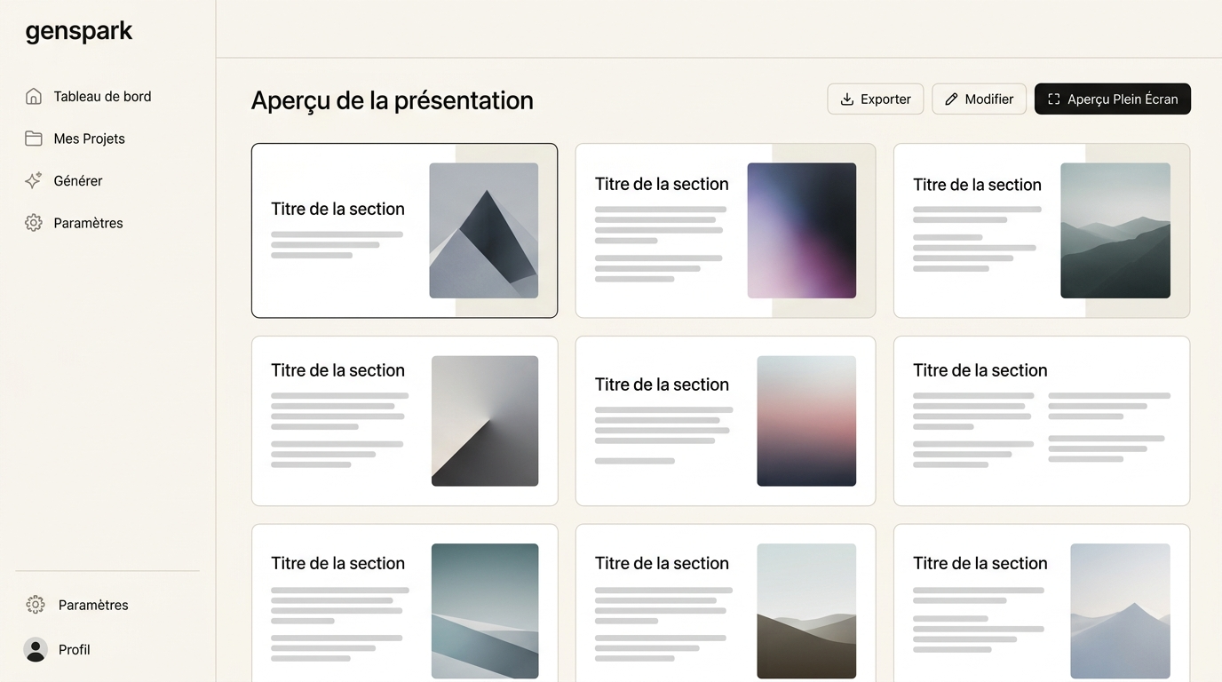 aperçu d'une présentation générée, plusieurs slides visibles en mosaïque, mise en page avec titre, corps de texte et image intégrée