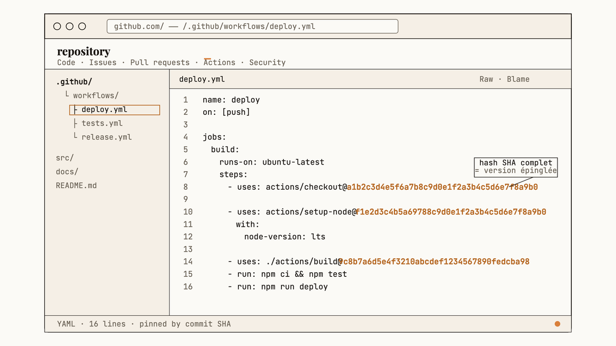 Maquette au trait de l'éditeur GitHub montrant un fichier deploy.yml où trois actions sont référencées par leur hash SHA complet en surbrillance ambre.