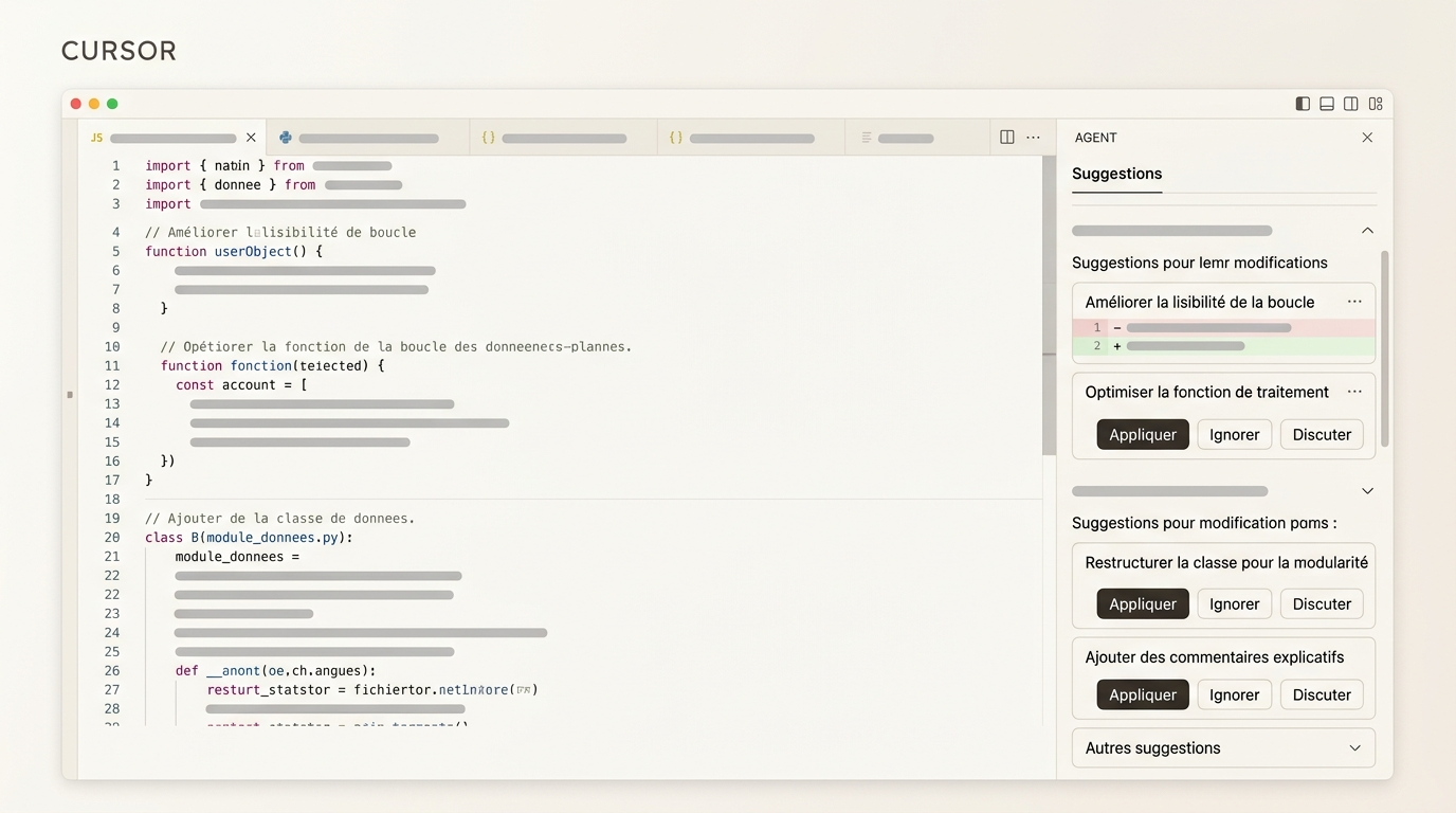 interface Cursor montrant un panneau Agent avec plusieurs fichiers ouverts simultanément et des suggestions de modifications sur deux modules distincts