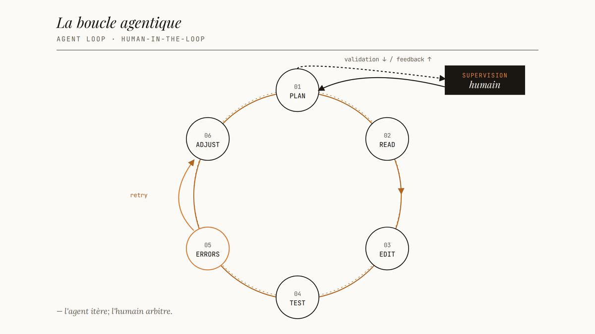 Diagramme circulaire de la boucle agentique : plan, read, edit, test, errors, adjust, avec retour de supervision humaine.