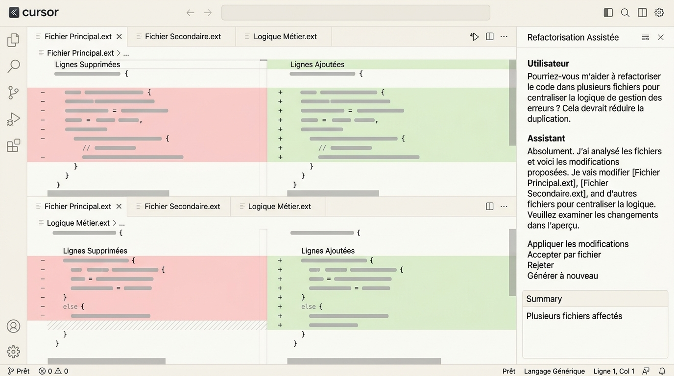 l'interface de Cursor avec le panneau de chat ouvert à droite, montrant une requête de refactorisation multi-fichiers et des changements proposés affichés dans plusieurs onglets de fichiers simultanément