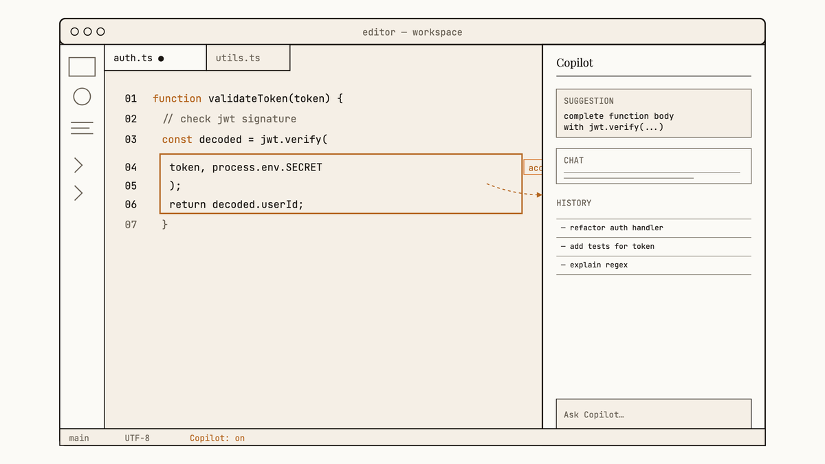 Maquette au trait de VS Code avec suggestion GitHub Copilot acceptée en surbrillance et panneau latéral ouvert.