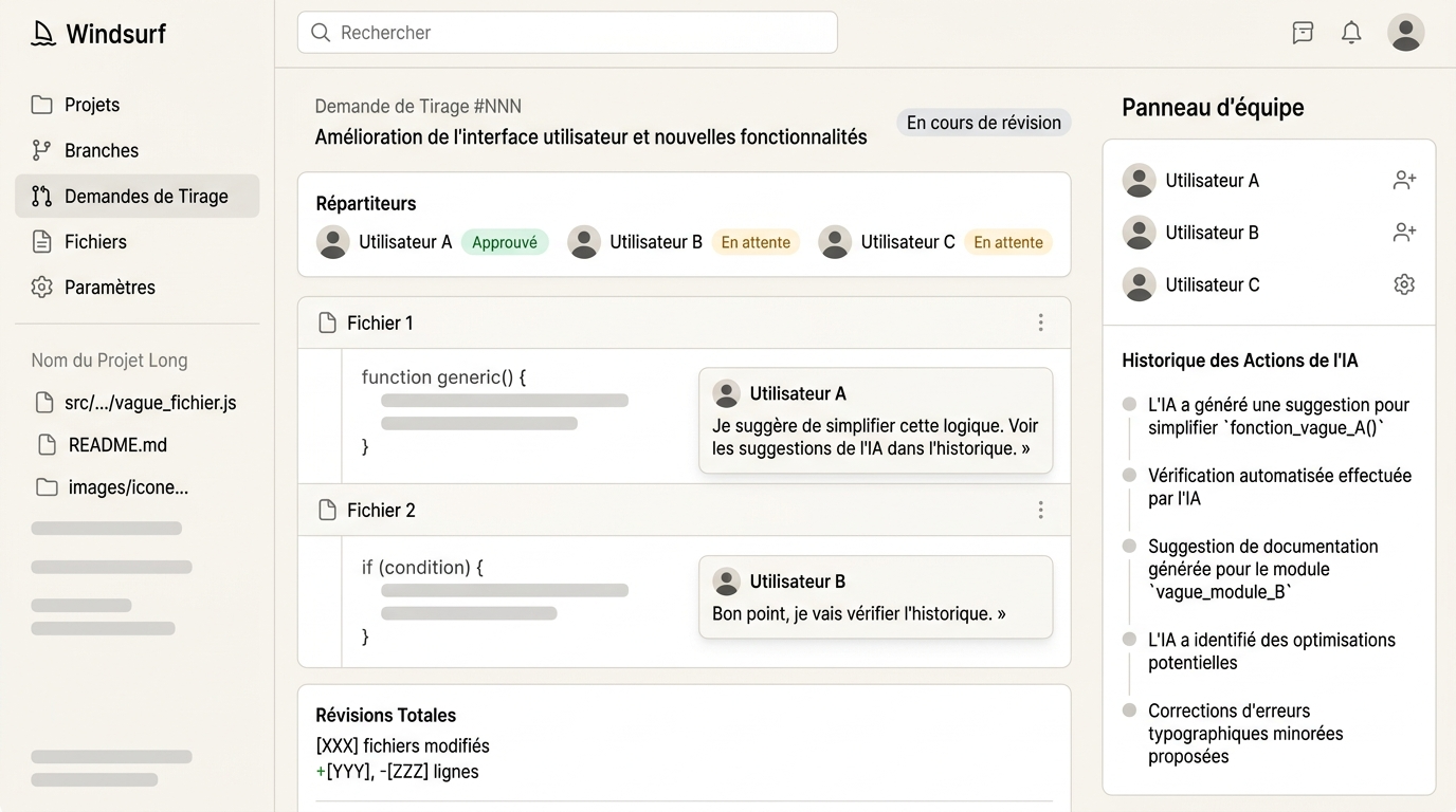réunion de code review dans Windsurf avec l'historique des actions AI tracées dans le panneau d'équipe, commentaires et révisions visibles dans l'interface
