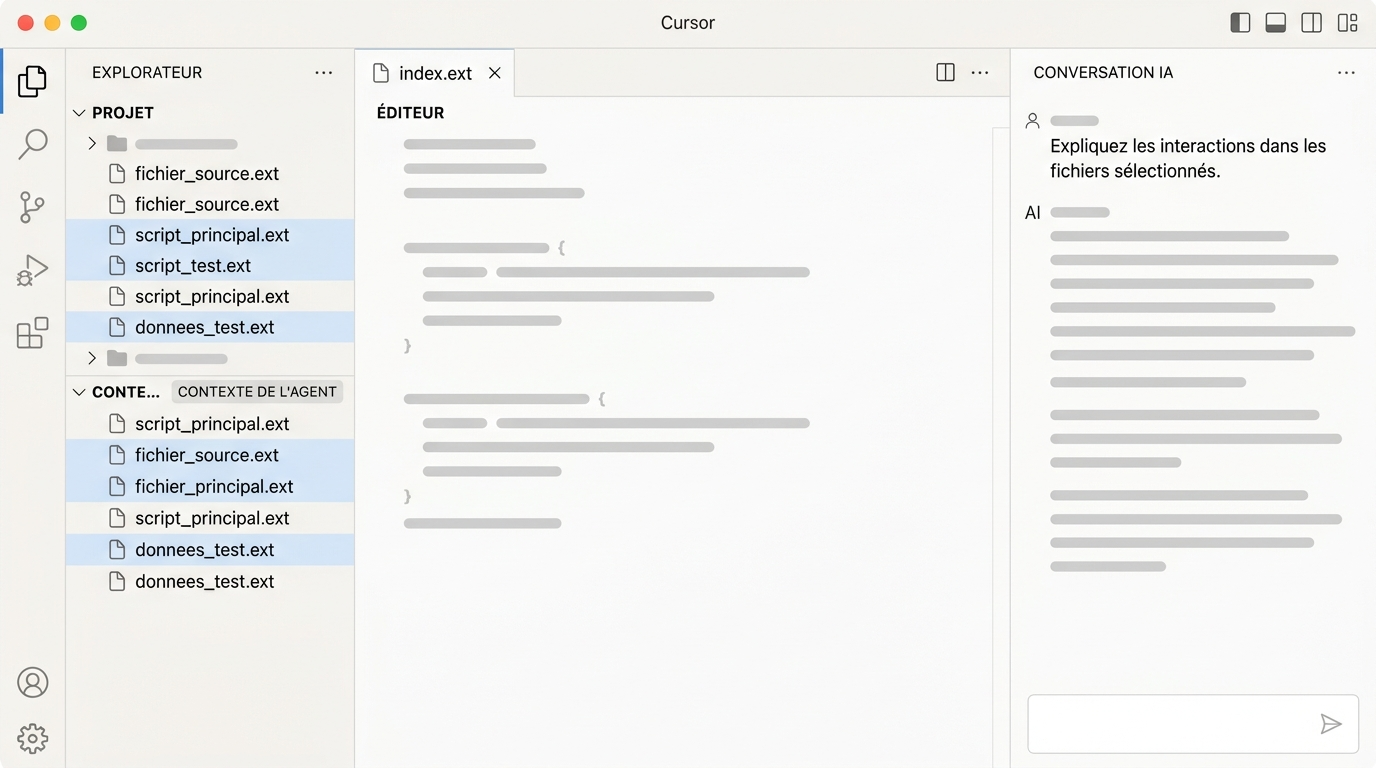 mode de sélection de fichiers pour le contexte agent dans Cursor, montrant plusieurs fichiers sélectionnés dans le panneau et la conversation IA qui fait référence à leur contenu simultanément