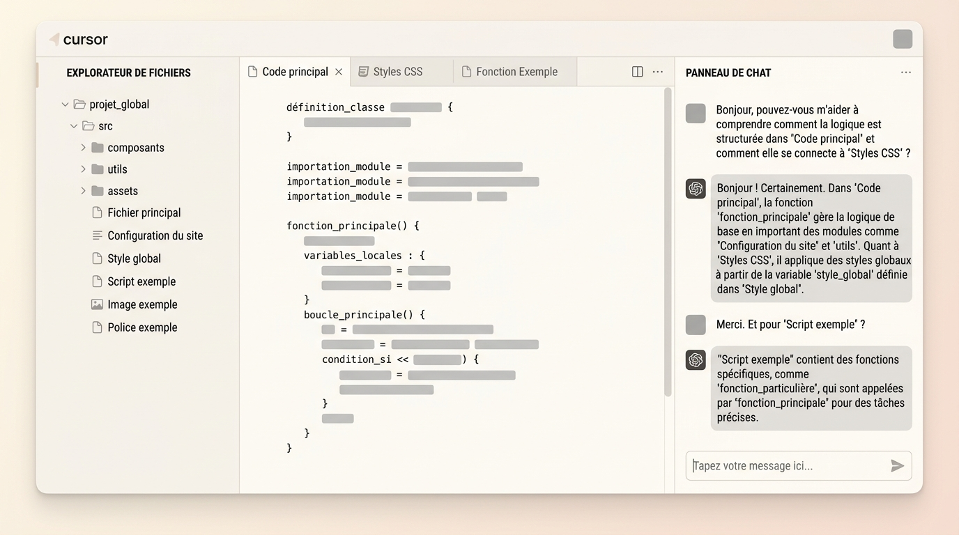 interface de Cursor avec le panneau de chat ouvert à droite, plusieurs fichiers ouverts dans l'explorateur de gauche, et une conversation en cours référençant des fichiers du projet