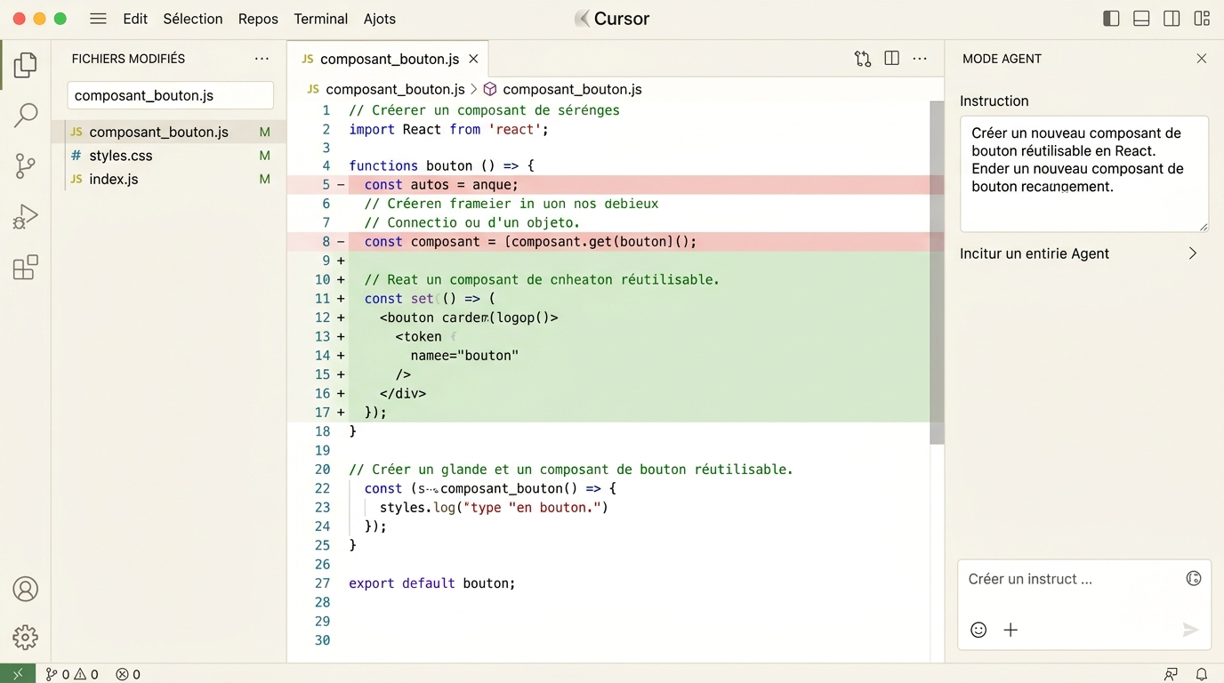 agent mode ouvert avec une instruction en langage naturel, plusieurs fichiers modifiés listés dans le panneau de changements, diff visible dans l'éditeur