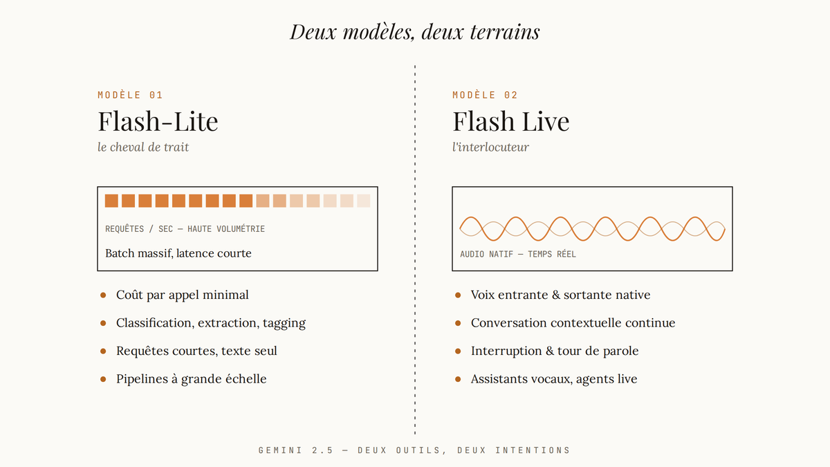 Diagramme comparatif à deux colonnes opposant Gemini Flash-Lite (grille de requêtes haute volumétrie) et Flash Live (onde audio temps réel), avec leurs cas d'usage respectifs.