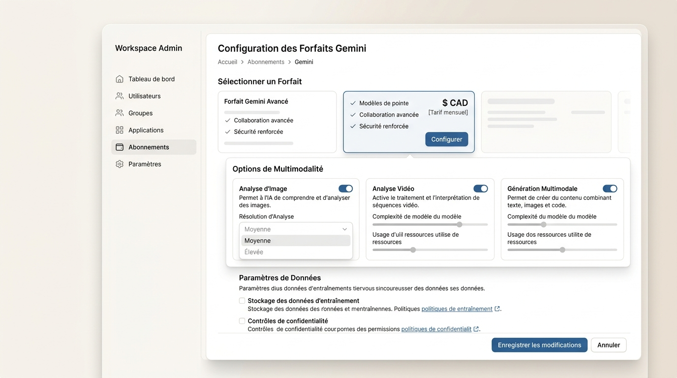 configuration des plans Gemini avec les options multimodales visibles