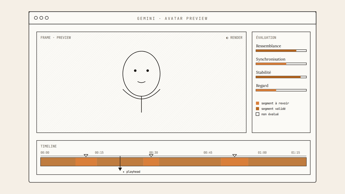 Maquette au trait de l'interface Gemini montrant la prévisualisation d'un avatar, un panneau d'évaluation et une timeline segmentée avec marqueurs sur les zones problématiques.