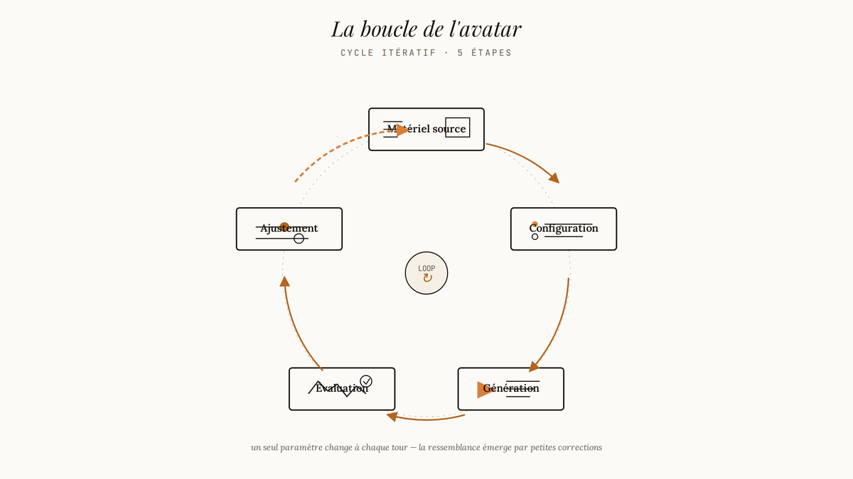 Diagramme circulaire en cinq étapes illustrant la boucle itérative de création d'avatar : matériel source, configuration, génération, évaluation, ajustement, avec retour vers la génération.