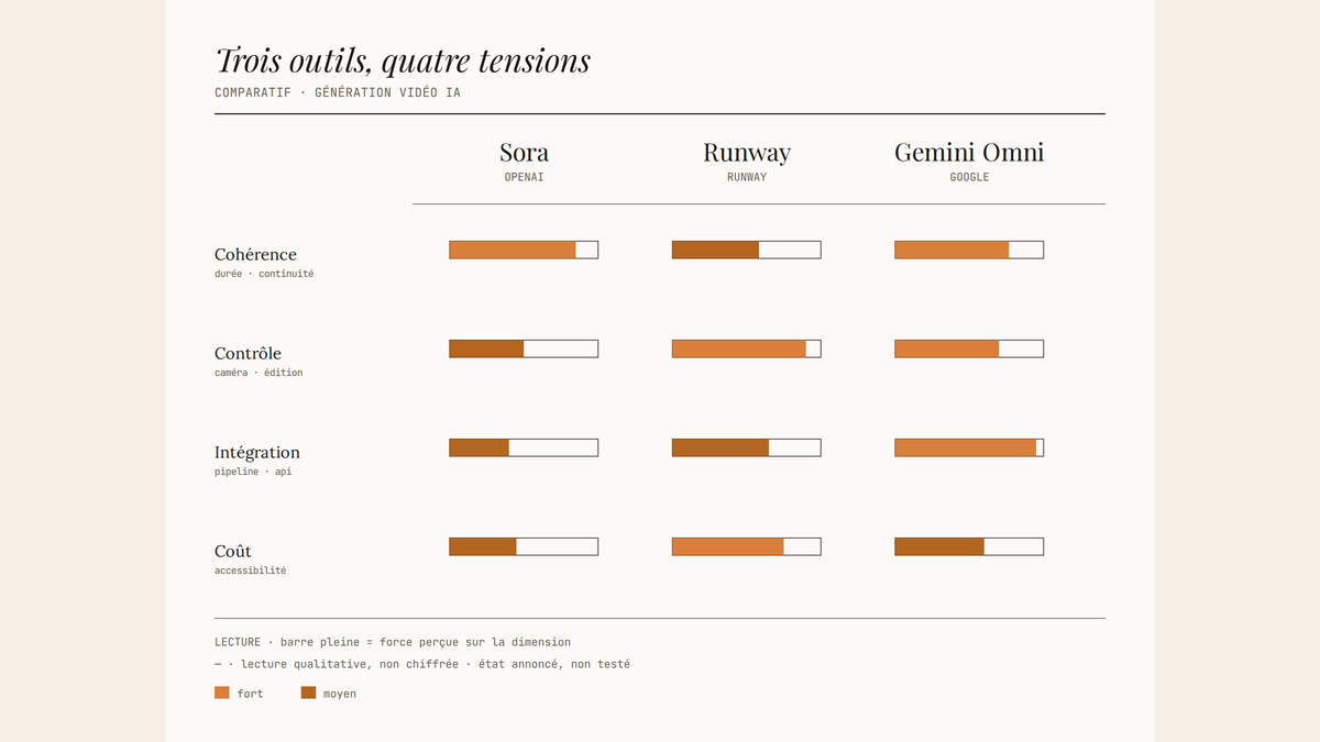 Tableau comparatif éditorial des outils Sora, Runway et Gemini Omni sur quatre dimensions : cohérence, contrôle, intégration et coût, représentées par des barres de niveau ambre et bronze.