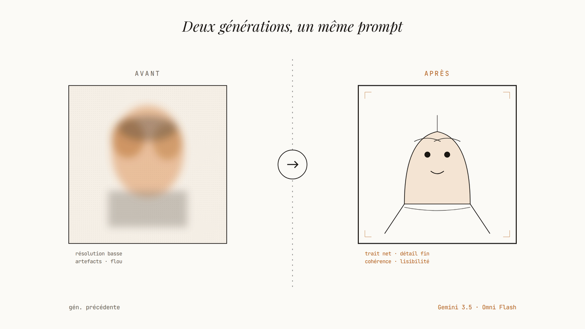 Comparaison côte à côte entre une image générée floue et incohérente à gauche, et une image nette et détaillée au trait à droite, séparées par une flèche.