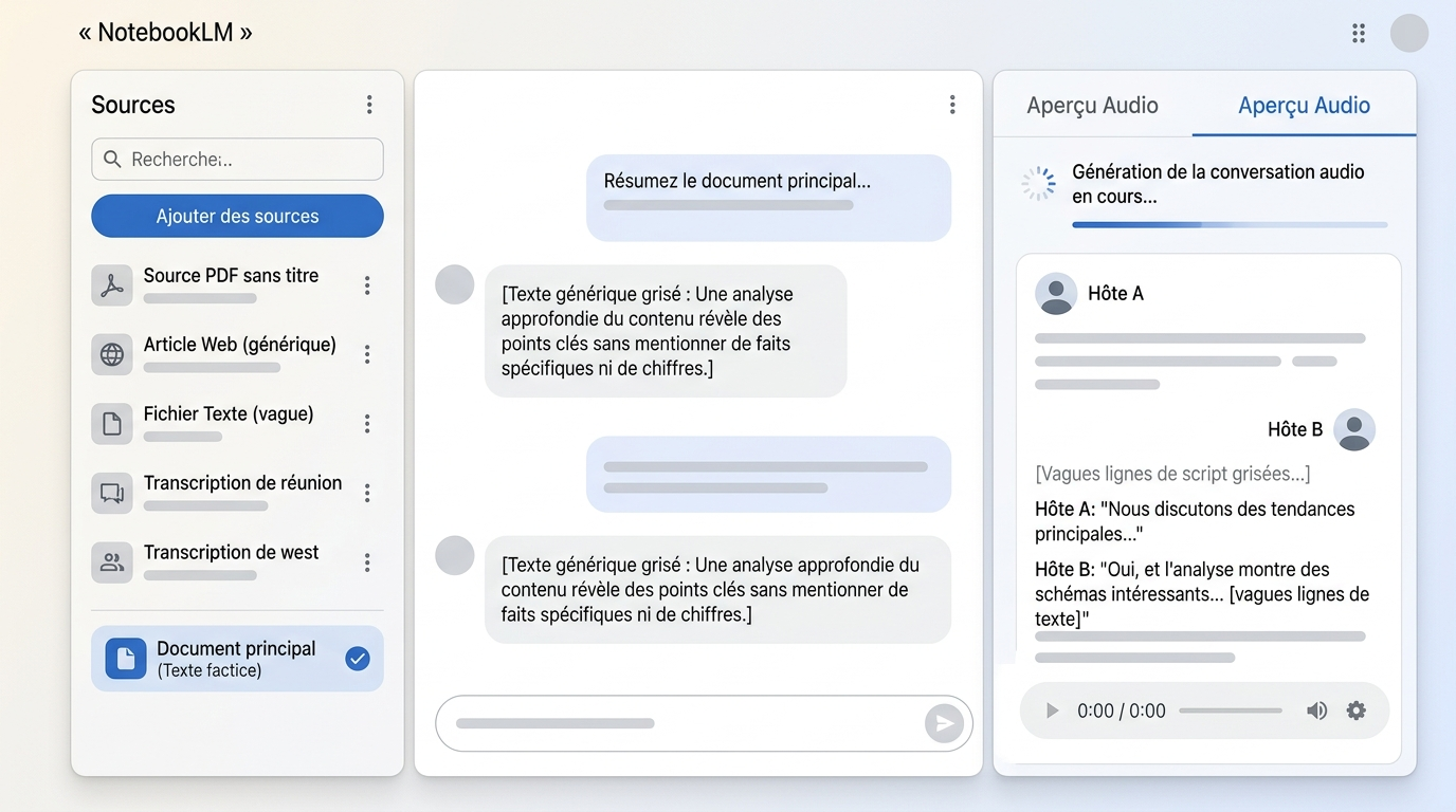 interface NotebookLM avec plusieurs sources chargées et le panneau Audio Overview actif en mode français, montrant une conversation audio en cours de génération