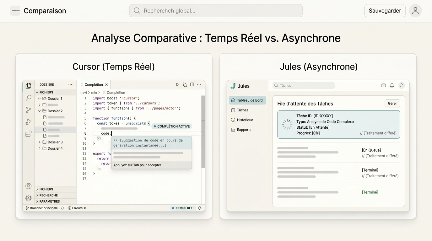 vue côte à côte de l'interface de Cursor avec complétion active et de Jules avec tâche en attente, illustrant la différence entre temps réel et asynchrone
