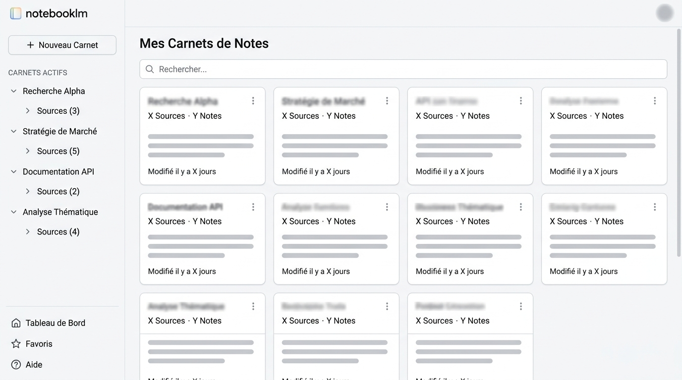 vue multi-notebooks avec plusieurs projets actifs dans le panneau de navigation gauche, chacun avec son propre ensemble de sources