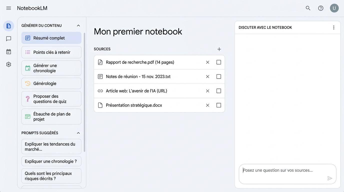 interface principale d'un notebook avec plusieurs sources chargées et le panneau de génération de contenu ouvert à gauche
