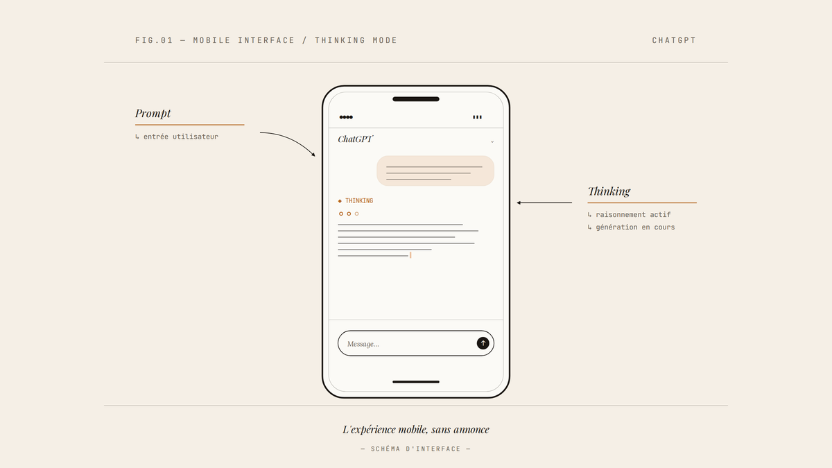 Maquette au trait d'une interface mobile ChatGPT avec mode Thinking actif et réponse en cours de génération