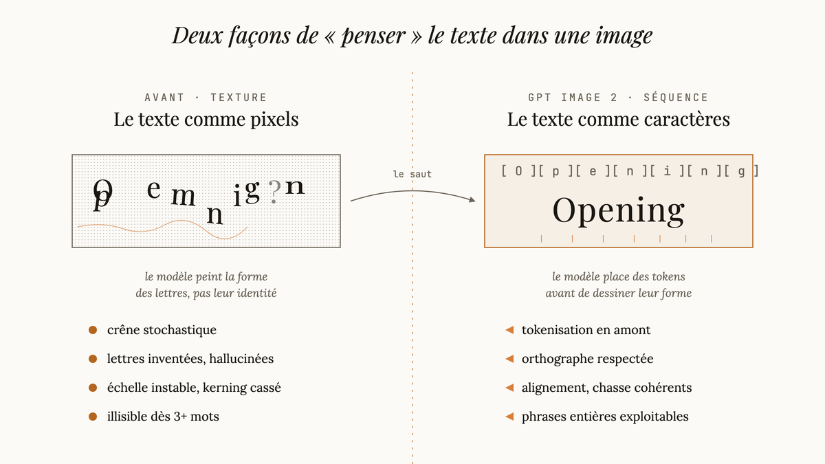 Diagramme éditorial en deux colonnes comparant l'ancien traitement du texte comme texture visuelle bruitée, avec des lettres déformées et hallucinées, au traitement de GPT Image 2 qui manipule le texte comme une séquence de caractères discrets tokenisés avant rendu.