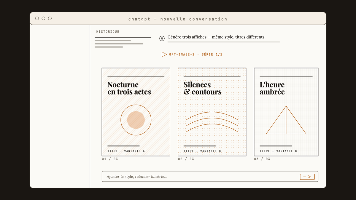 Maquette au trait de l'interface ChatGPT montrant trois visuels générés en série dans une même conversation, chacun avec un titre différent mais un style cohérent.