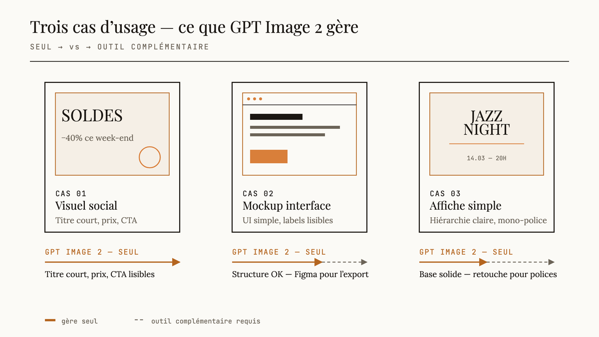 Schéma éditorial comparant trois cas d’usage de GPT Image 2 : visuel social, mockup d’interface et affiche simple, avec flèches indiquant ce que le modèle gère seul et ce qui demande encore un outil complémentaire.
