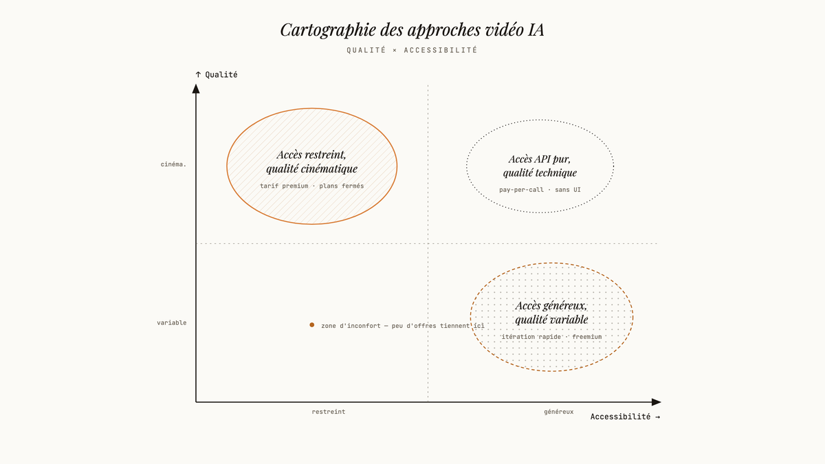 Quadrant éditorial positionnant trois zones d'approches vidéo IA selon la qualité et l'accessibilité.