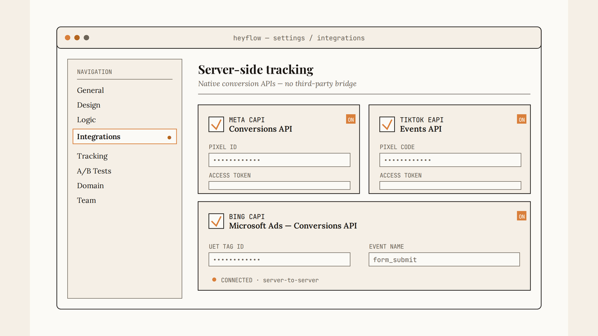 Maquette d'interface Heyflow montrant un panneau d'intégrations avec Meta CAPI, TikTok Events API et Bing CAPI activés via des toggles, et champs de configuration.