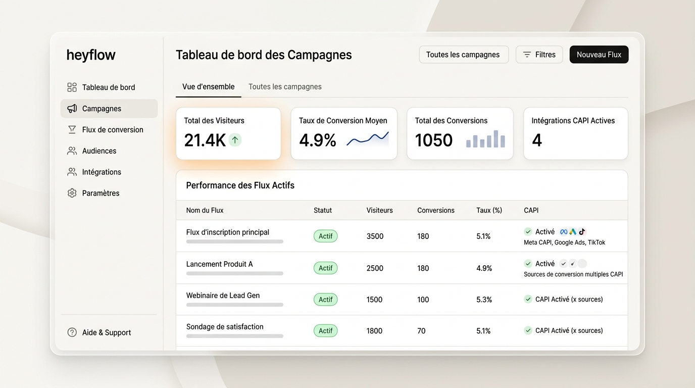 dashboard de campagne montrant plusieurs flows actifs avec leurs métriques de conversion et les connexions CAPI activées pour chaque flow, illustrant un usage multi-campagnes
