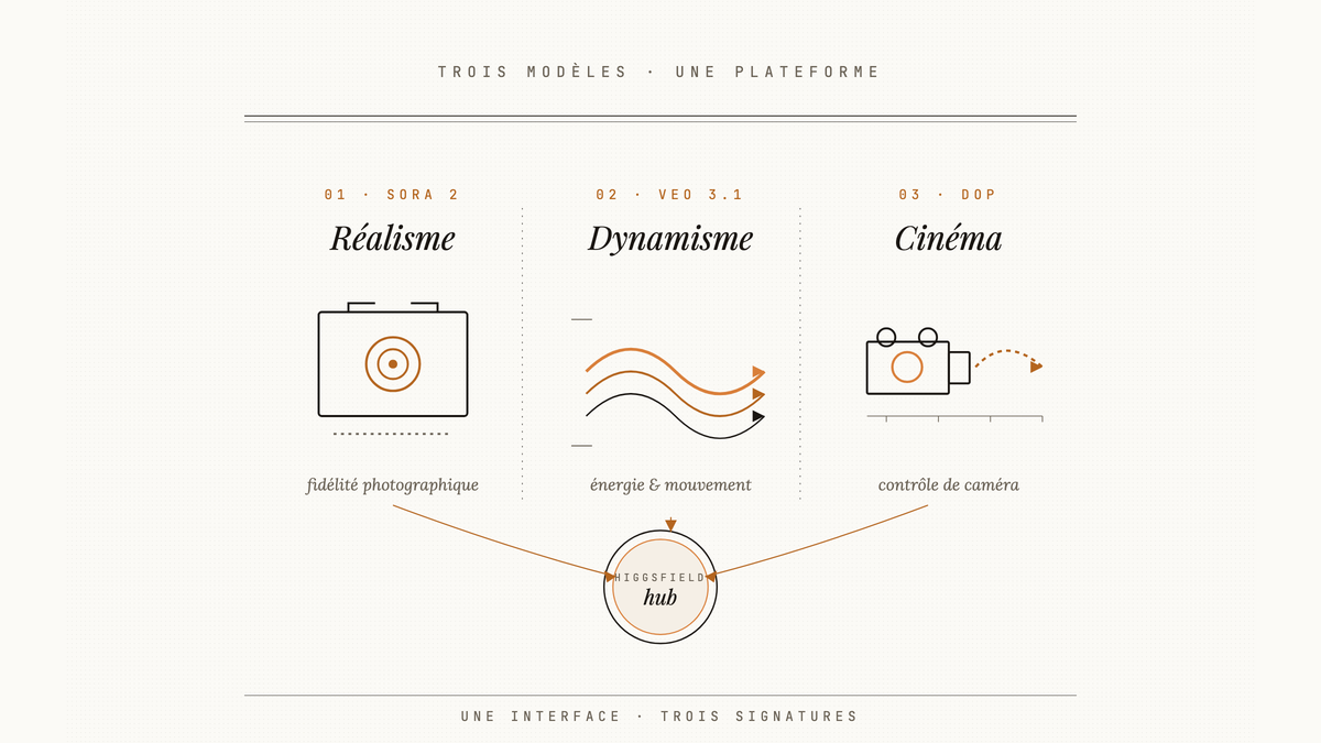 Diagramme comparatif éditorial des trois modèles vidéo Sora 2, Veo 3.1 et DOP, avec pictogrammes au trait représentant respectivement le réalisme, le dynamisme et le contrôle cinématographique, reliés à un hub central Higgsfield.