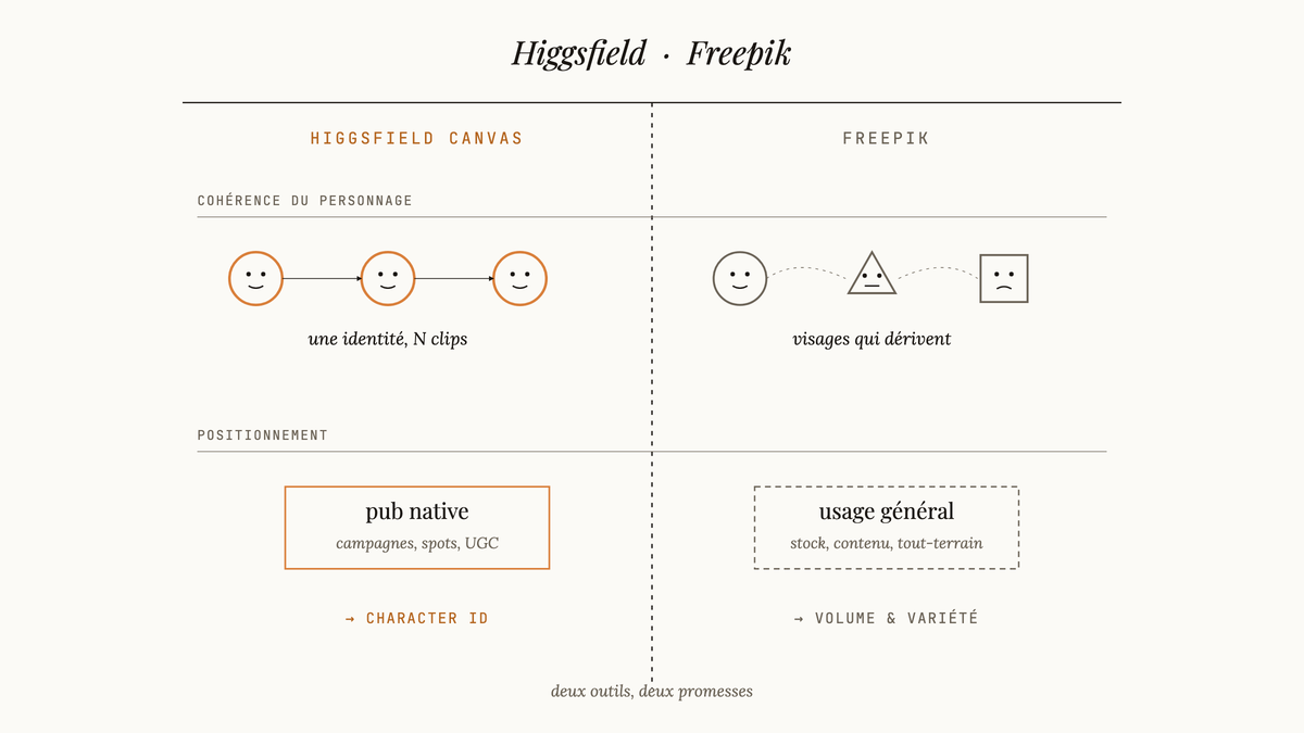 Tableau comparatif à deux colonnes opposant Higgsfield Canvas et Freepik sur la cohérence du personnage et le positionnement marketing.