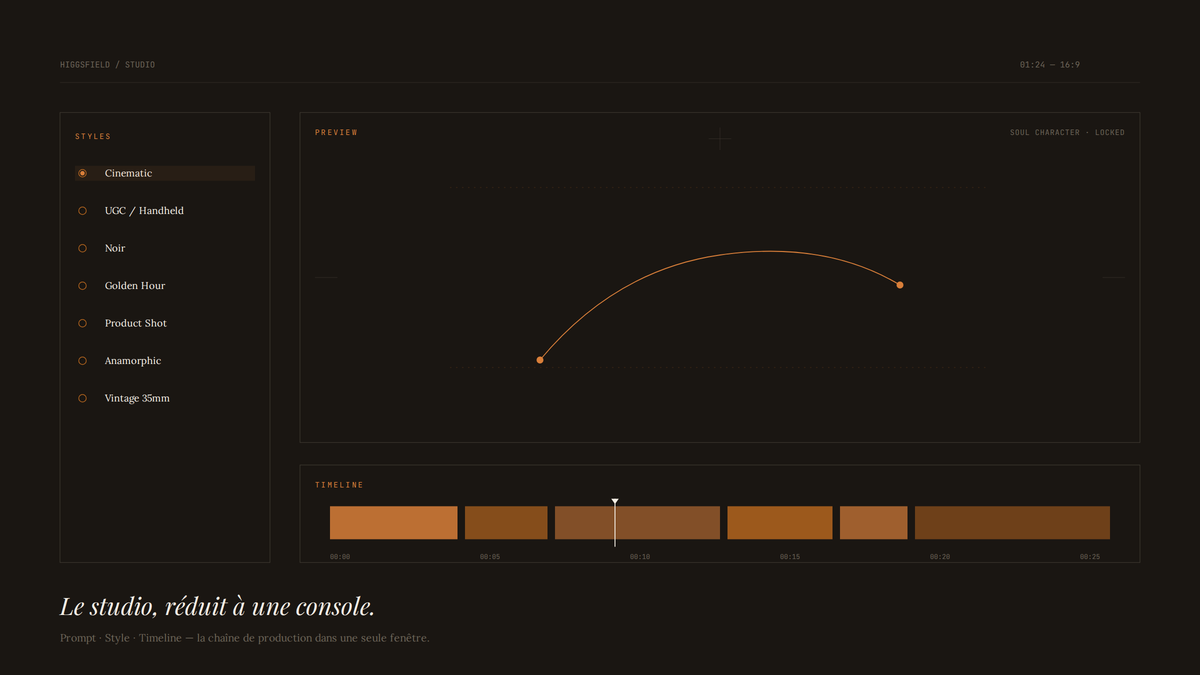 Schéma éditorial d'une interface d'outil vidéo IA : panneau de styles cinématographiques à gauche, zone de prévisualisation avec courbe de mouvement, et timeline de clips en bas.