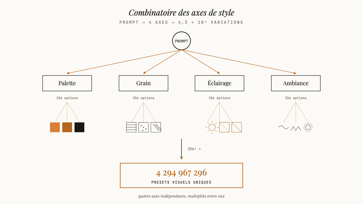 Diagramme en arbre montrant comment quatre axes de style — palette, grain, éclairage, ambiance — se combinent pour générer 4,3 milliards de variations visuelles chez Ideogram 3.0.