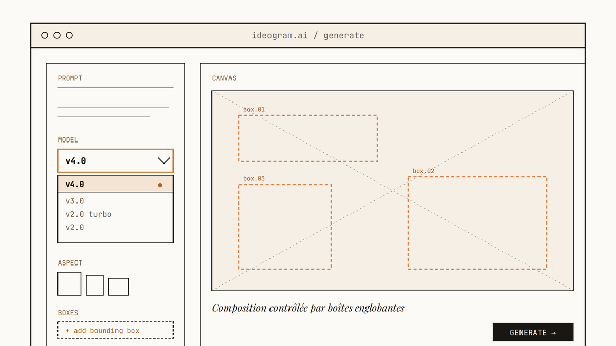 Maquette au trait de l'interface Ideogram avec le menu déroulant ouvert sur la version 4.0.