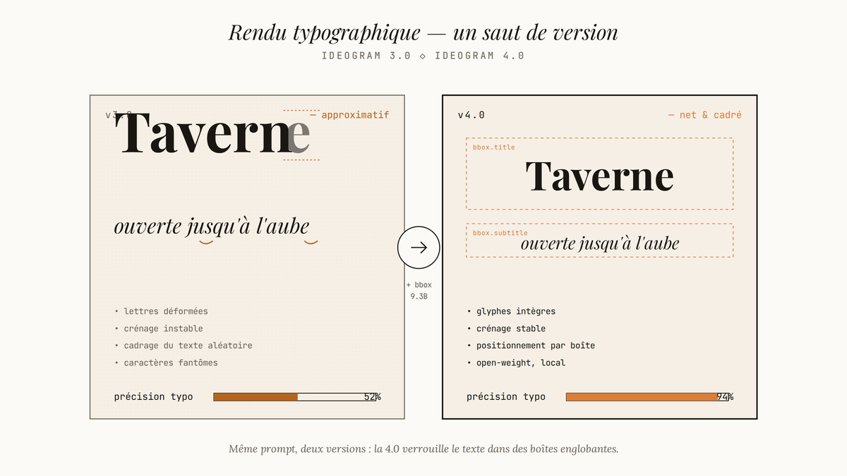 Schéma comparatif éditorial montrant à gauche un rendu de texte Ideogram 3.0 aux lettres déformées et tronquées, à droite un rendu Ideogram 4.0 net, positionné dans des boîtes englobantes annotées.