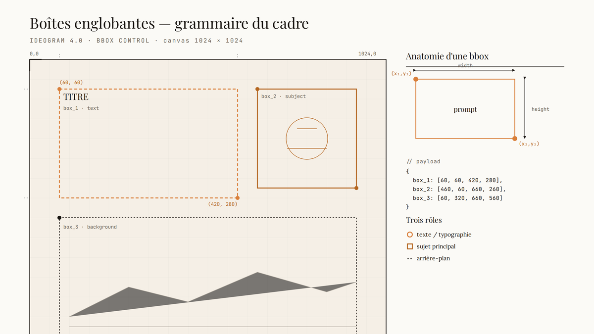 Schéma annoté d'une image générée par Ideogram 4.0 : un canevas 1024×1024 quadrillé contient trois boîtes englobantes étiquetées avec coordonnées (x,y), accompagnées d'une légende détaillant la syntaxe et les rôles de chaque boîte.