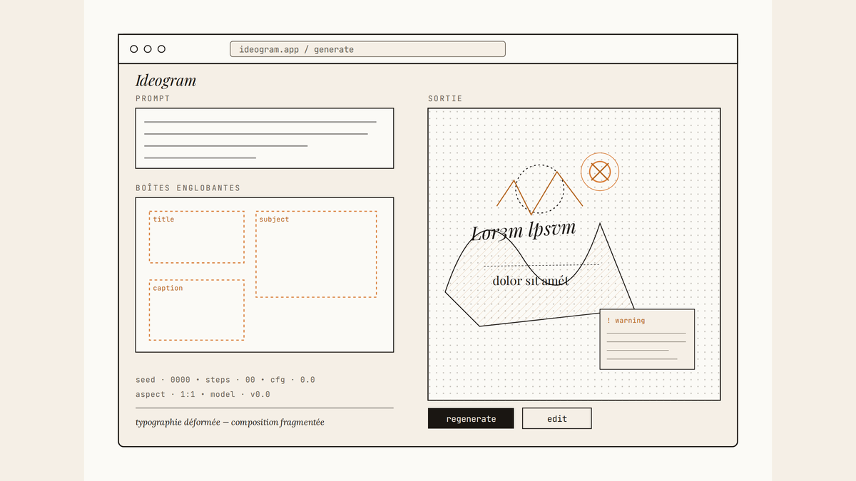Maquette d'interface Ideogram montrant un prompt, des boîtes englobantes et une sortie d'image avec typographie déformée.