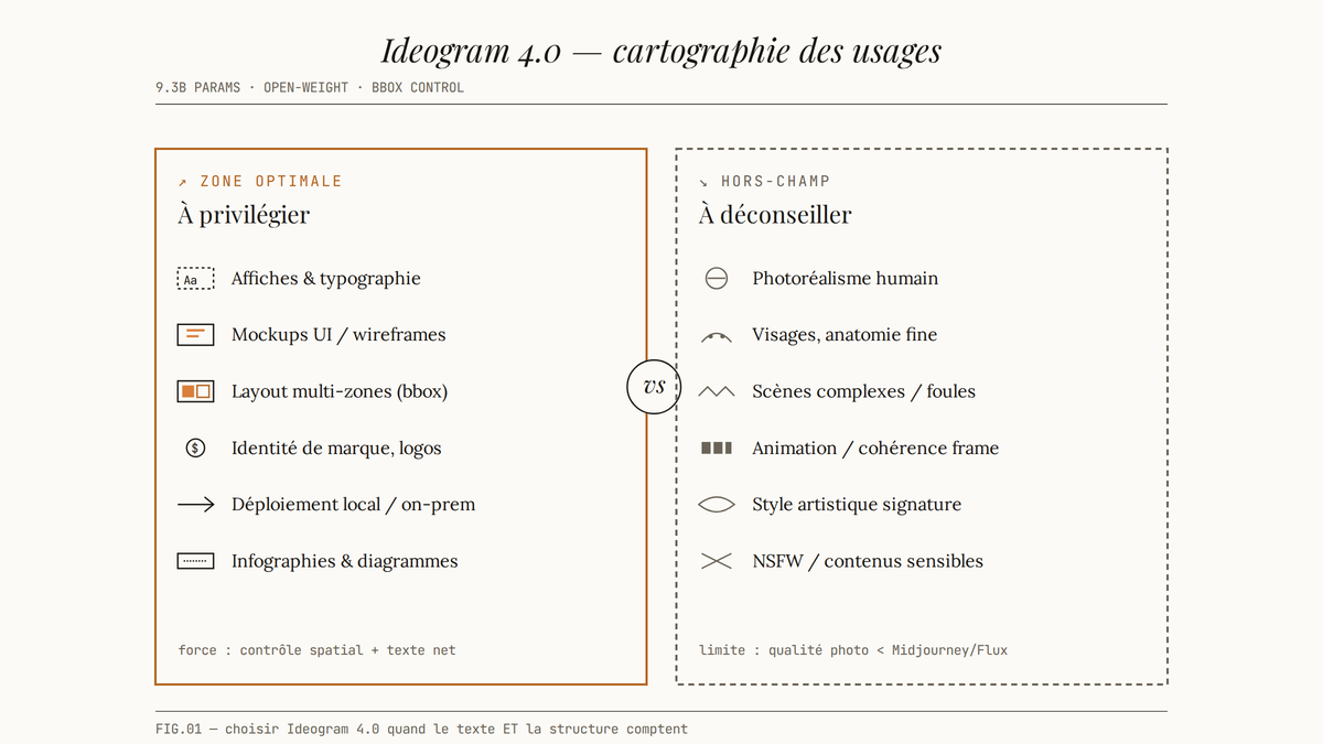 Diagramme comparatif éditorial opposant la zone optimale d'Ideogram 4.0 (typographie, mockups, layouts à boîtes englobantes, branding, déploiement local, infographies) à sa zone hors-champ (photoréalisme, visages, scènes complexes, animation, style signature, NSFW), séparées par un pivot 'vs'.