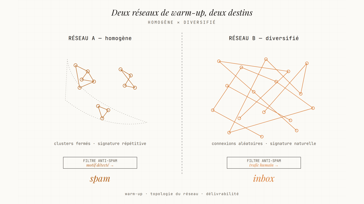 Schéma comparatif de deux réseaux de warm-up : à gauche un réseau homogène avec clusters fermés menant au dossier spam, à droite un réseau diversifié aux connexions aléatoires menant à l'inbox.